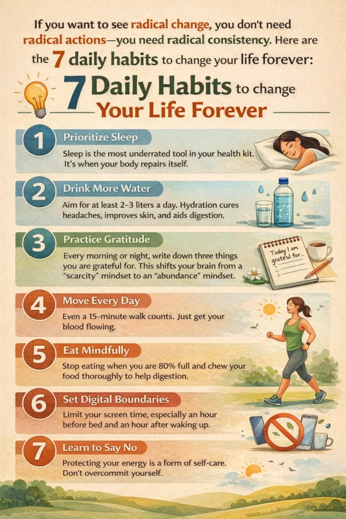 Infographic showing 7 daily habits to change your life forever including prioritize sleep, drink more water, practice gratitude, move every day, eat mindfully, set digital boundaries, and learn to say no.