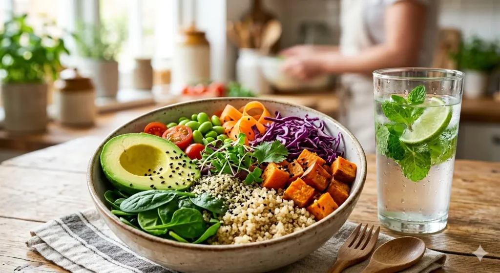 A colorful vegetable Buddha bowl and mint water, illustrating daily habits to improve life through nutrition.