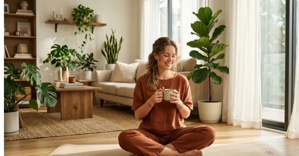 A peaceful woman sitting on a yoga mat in a sunlit living room holding a mug, representing a healthy self care routine for women.