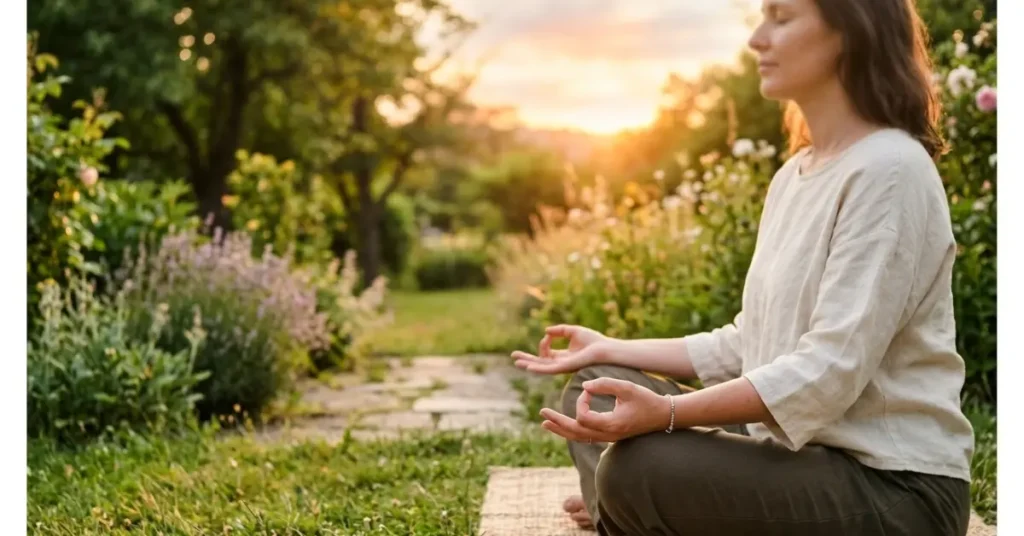 Close-up of hands in a meditation pose outdoors at sunset, showing a daily routine for a healthy body and mind.