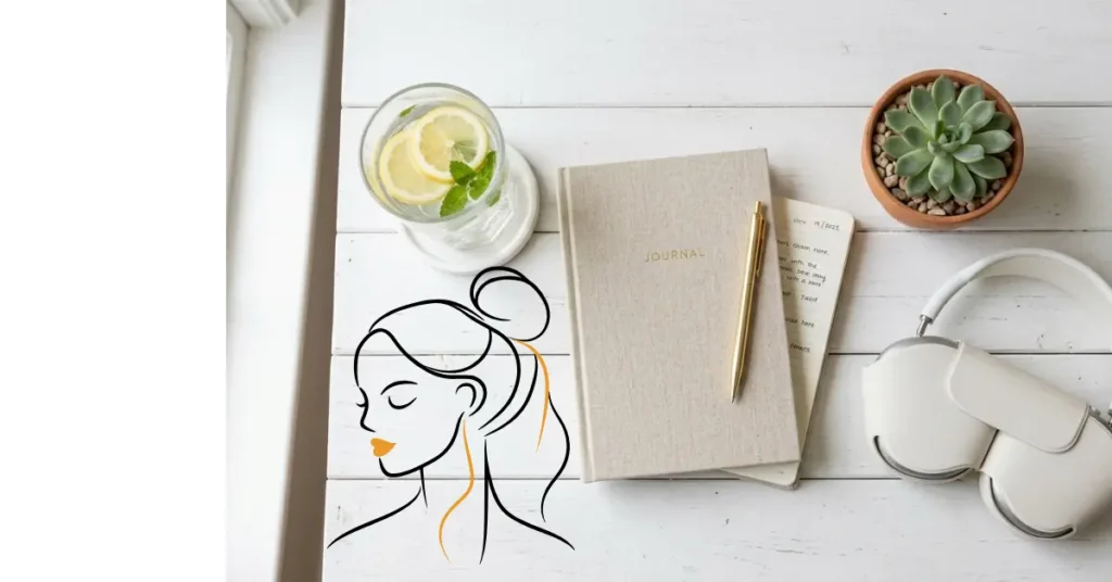 Flat-lay of a morning wellness journal, lemon water, and headphones on a white table for a healthy daily routine for women.