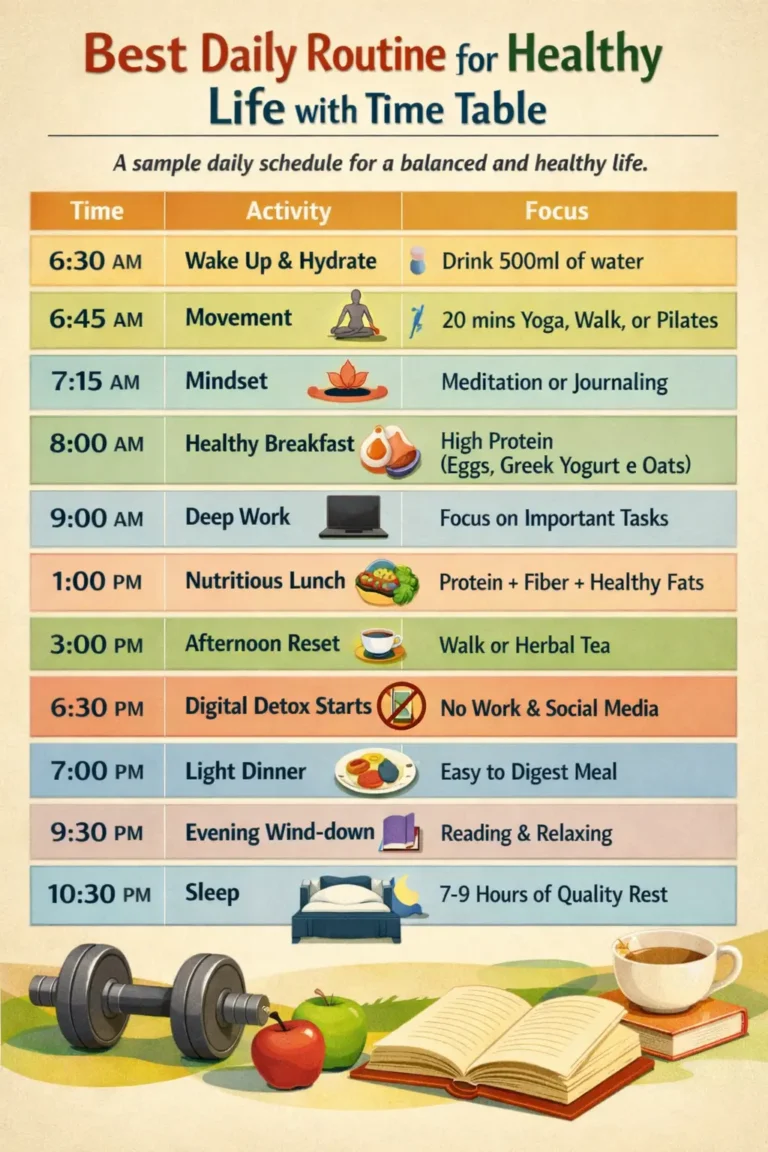 Best daily routine for healthy life with time table infographic showing morning hydration, yoga, meditation, healthy meals, work schedule, digital detox, and proper sleep.