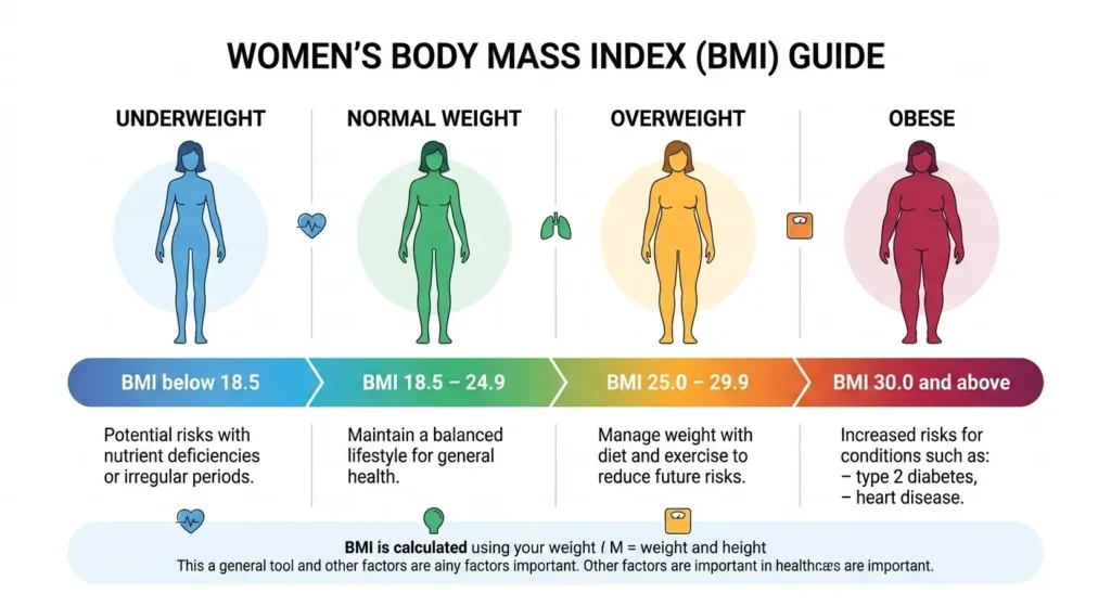 BMI calculator for women showing healthy BMI range and female health chart