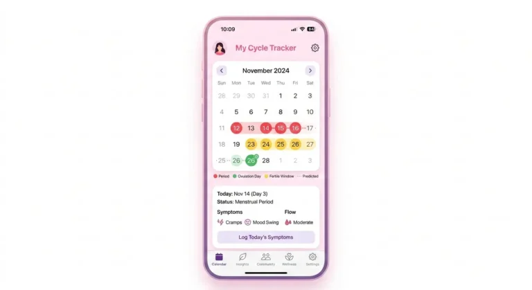 women menstrual cycle calendar tracker showing period ovulation and fertile window